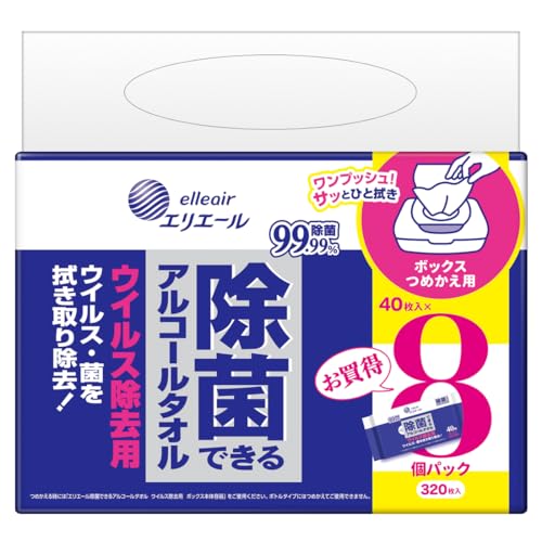 エリエール 除菌できるアルコールタオル ウイルス除去用 ウェットティッシュ ボックス つめかえ 320枚